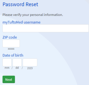 myTuftsMed-Password-Reset-page