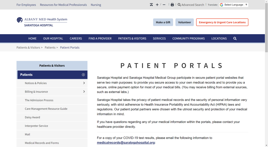 Saratoga Hospital's Patient Portal